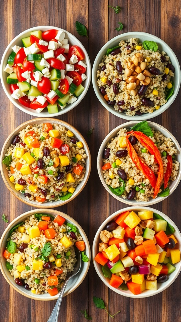 Five colorful quinoa salads in bowls, featuring Mediterranean, Southwestern, Asian, Tropical, and Roasted Vegetable styles.